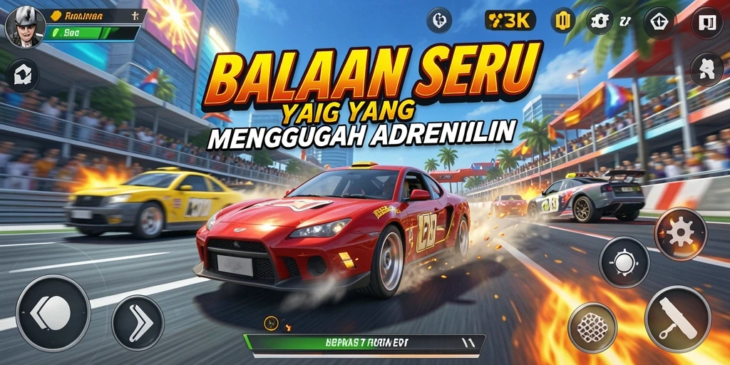 Gameplay seru 73K dengan aksi balapan yang mendebarkan.