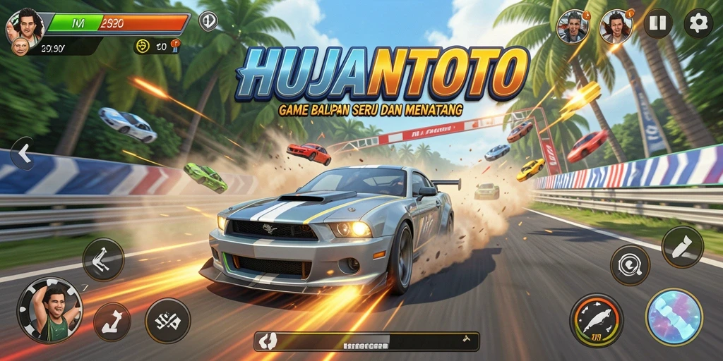 Gameplay balapan seru di HUJANTOTO dengan mobil balap yang menawan.