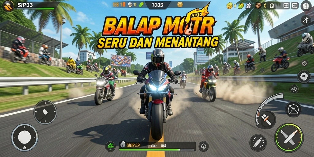 Screenshot gameplay SIP33 menampilkan aksi balapan motor yang mendebarkan.