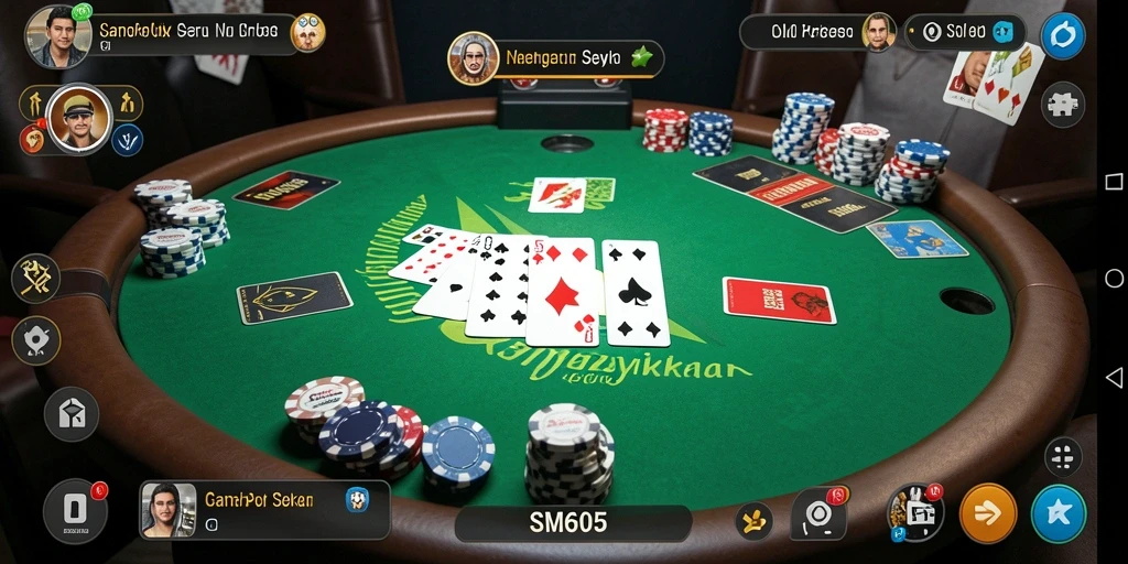Tampilan gameplay seru dalam SM605 dengan atmosfer Poker yang mendebarkan.