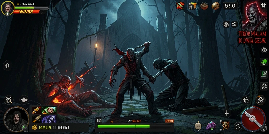 Screenshot gameplay WIN88 menampilkan adegan menegangkan saat melawan makhluk malam.