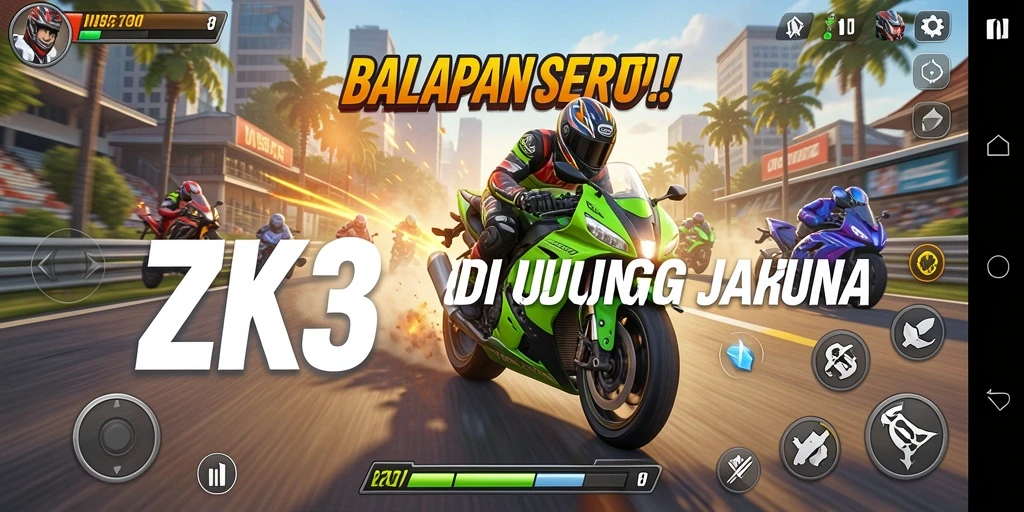 Screenshot ZK3 menampilkan aksi balapan motor yang mendebarkan.